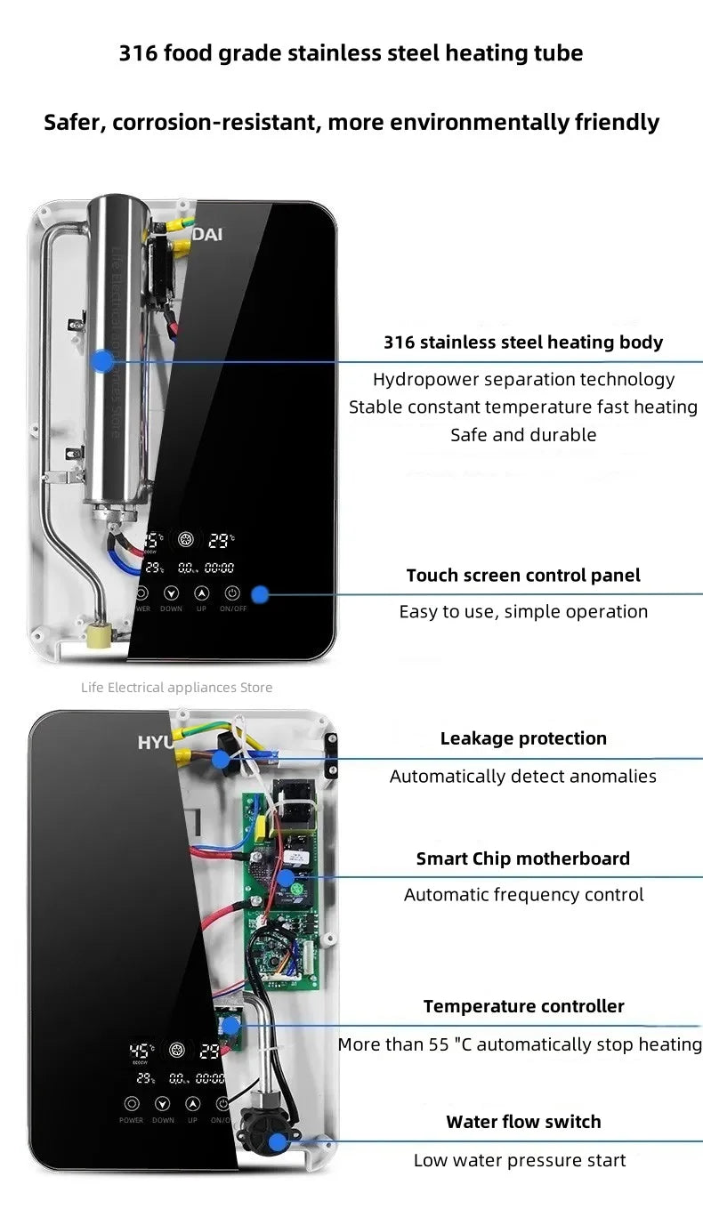 Calentador de agua eléctrico inteligente sin tanque, máquina de agua caliente rápida para el hogar, baño de hotel o apartamento, ducha de agua caliente