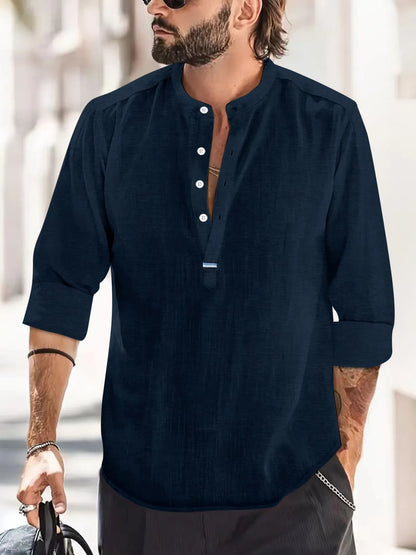 Camisas nuevas de algodón y lino para hombre, camisas casuales, de color liso, ligeras, de manga larga, estilo Henley, playeras, camisetas hawaianas para hombre.