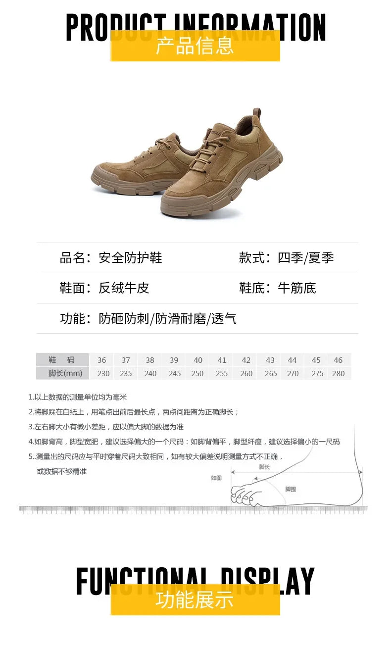 Calzado de seguridad laboral para hombre: transpirable, apto para todas las estaciones, resistente a impactos y perforaciones, y con protección contra el desgaste.