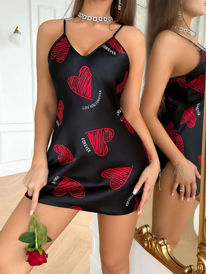 Camisón de satén con estampado de labios rojos para San Valentín, minivestido de dormir sin espalda y cuello en V para mujer