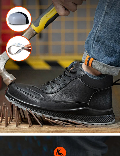 Calzado de seguridad de felpa para trabajos de invierno, resistente a impactos y perforaciones, fabricado en piel sintética de microfibra y algodón.