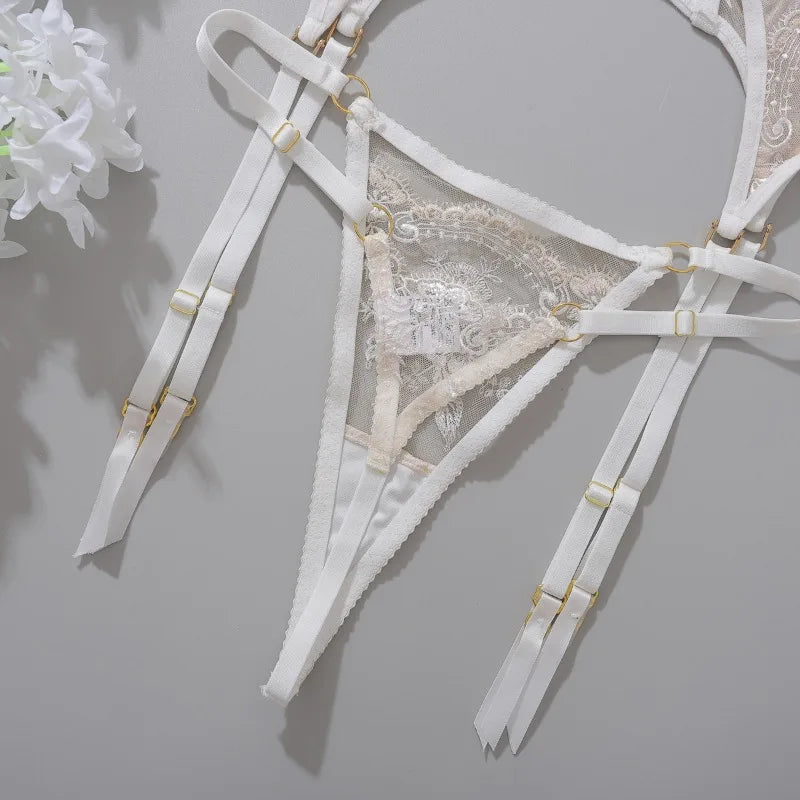 Tornova - Conjunto de ropa interior de encaje sexy para mujer, sujetador con bordado de flores, lencería sexy de malla transparente y decorativa con diseño de amor, nuevo