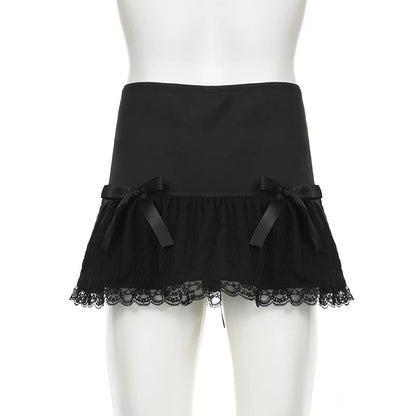 Minifalda Darlingaga gótica Y2K con ribete de encaje, estilo Harajuku, vintage, con lazo, estilo academia oscura, sexy, estilo grunge, estilo acampanado