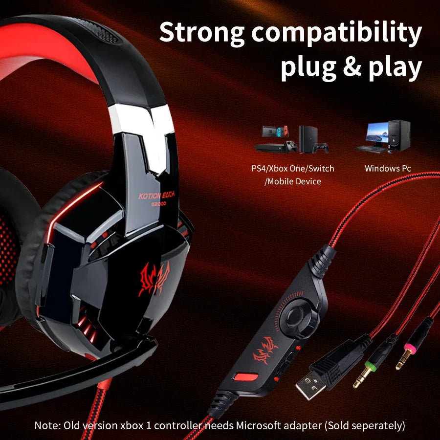 Auriculares para juegos con cable, grandes, con luz LED, micrófono, estéreo, graves profundos, para PC, portátil, PS4, Xbox