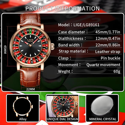 Reloj de Cuarzo LIGE para Hombre, Moda, Lujo, Diseño Creativo de Ruleta, Esfera de Juego, Correa de Cuero, Casual, Resistente al Agua, Regalo + Caja