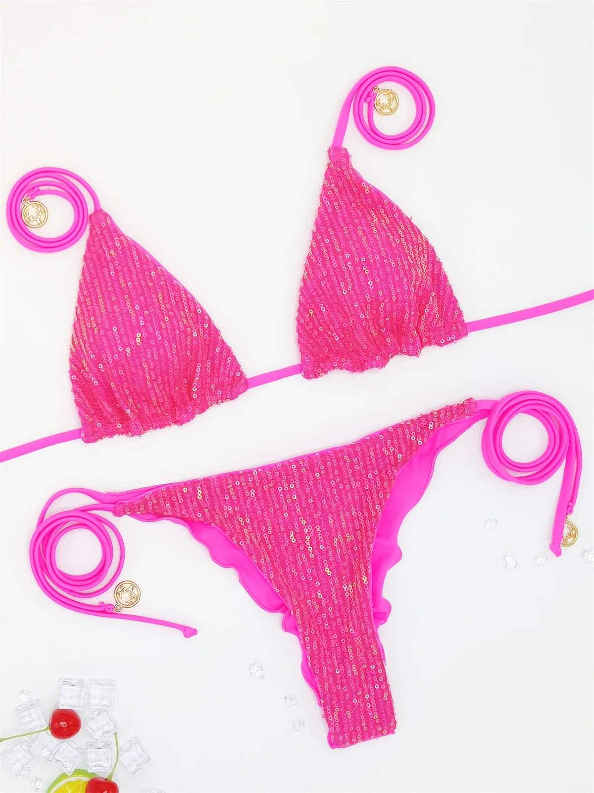 Bikini unicolor con purpurina, bañador sexy con cuello halter, traje de baño para mujer, conjunto de bikini con lentejuelas brillantes, ropa de playa, bikini brasileño