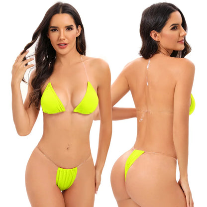 Traje de baño para mujer, bikini sexy transparente con tirantes triangulares, tanga de dos piezas, color sólido, ropa de playa, traje de baño para spa