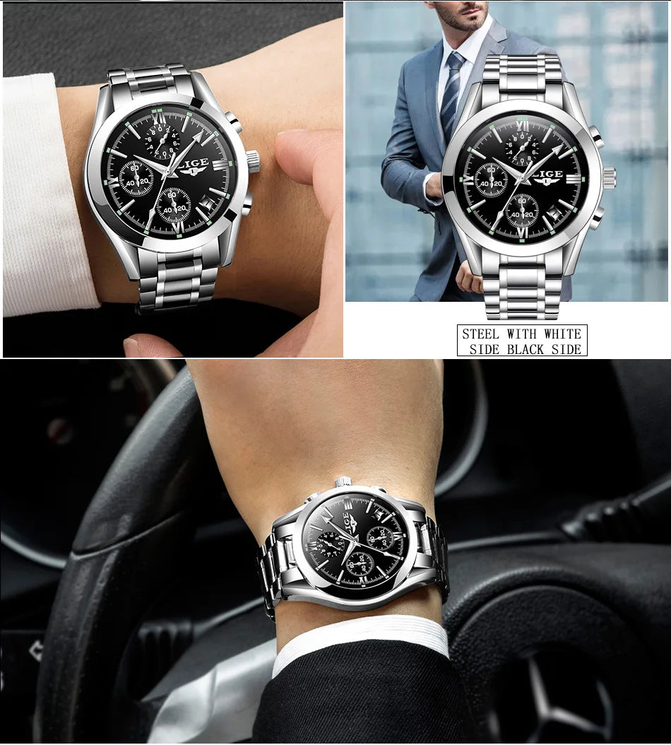 LIGE - Nuevos relojes de moda para hombre, marca superior de lujo, informal, militar, de cuero, de cuarzo, para negocios, resistente al agua, deportivo, cronógrafo