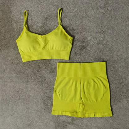 Conjunto de yoga fitness sin costuras para mujer, ropa deportiva de cintura alta, leggings, pantalones cortos de dos piezas, ropa de gimnasio para mujer