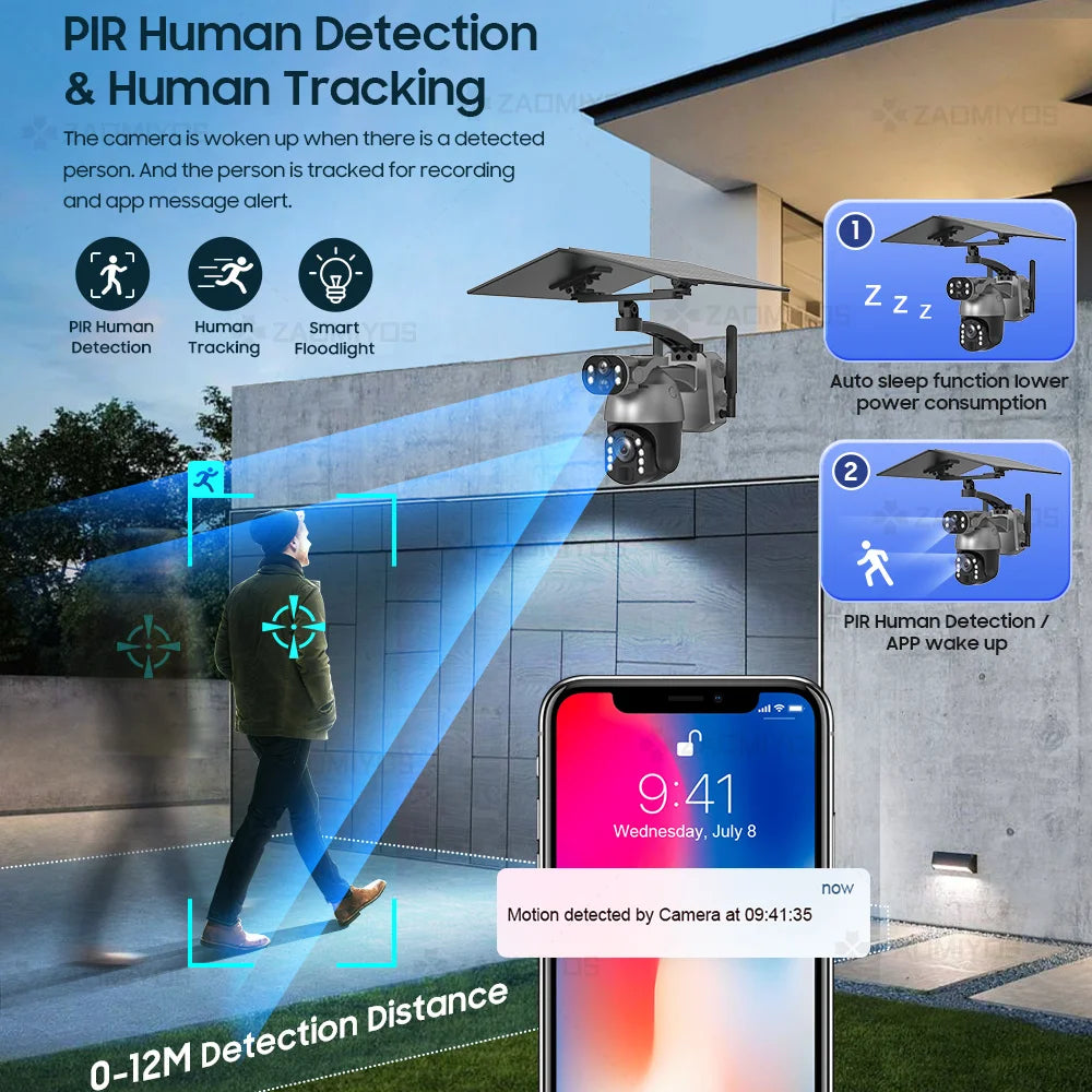 Cámara de seguridad exterior con zoom óptico de 10 MP y 50x, doble lente, SIM 4G, energía solar, Wi-Fi, PTZ, detección humana, grabación y visión nocturna. 10 MP, zoom óptico de 50x, doble lente, 4G, SIM, solar.