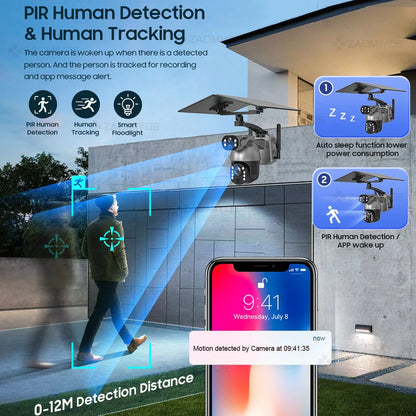 Cámara de seguridad exterior con zoom óptico de 10 MP y 50x, doble lente, SIM 4G, energía solar, Wi-Fi, PTZ, detección humana, grabación y visión nocturna. 10 MP, zoom óptico de 50x, doble lente, 4G, SIM, solar.
