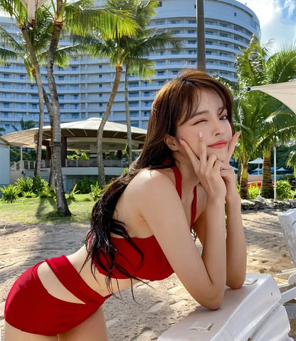 Bikinis sexys 2024, trajes de baño para mujer, traje de baño femenino de cintura alta, trajes de baño rojos push up, conjunto de bikini coreano para niñas, ropa de playa, bañista