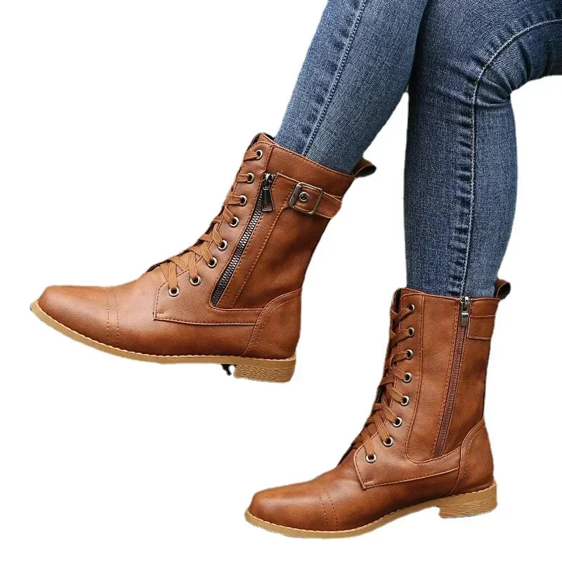 Botines de tacón cuadrado para mujer, botas de trabajo cortas de piel sintética para otoño e invierno, botas elásticas con cordones de talla grande para mujer 2024