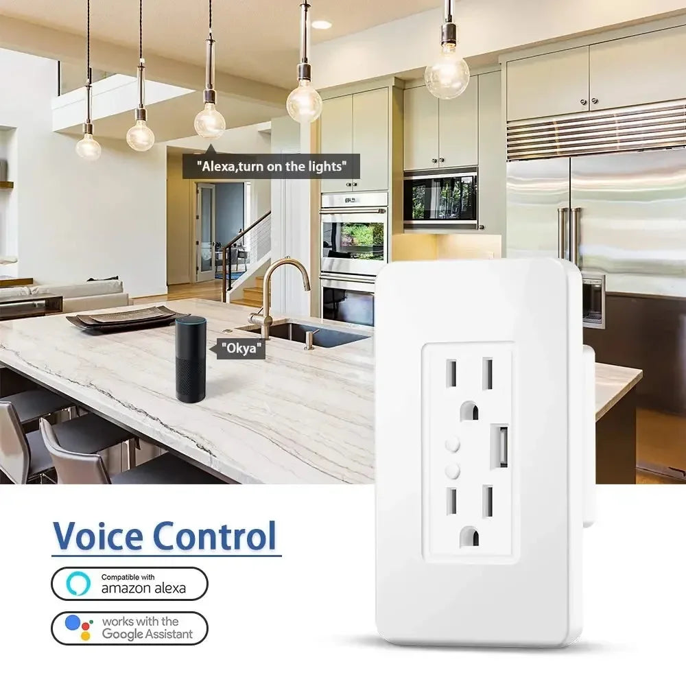 Enchufe de pared inteligente Melery con WiFi, tomas de corriente estadounidenses, cargador USB, interruptor independiente y control remoto compatible con Alexa y Google Home.