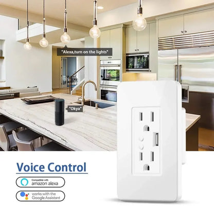 Enchufe de pared inteligente Melery con WiFi, tomas de corriente estadounidenses, cargador USB, interruptor independiente y control remoto compatible con Alexa y Google Home.
