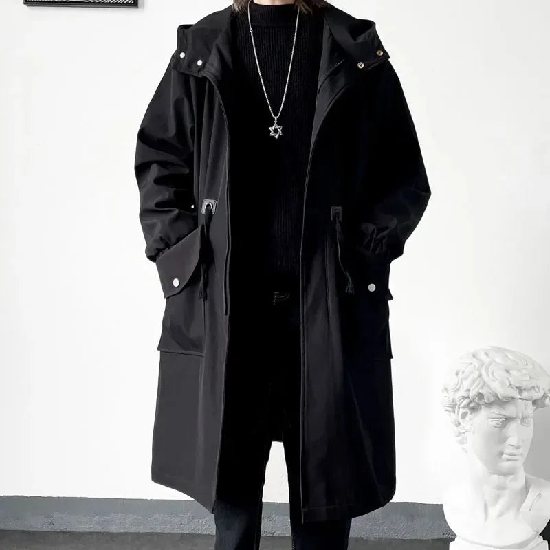 2025 Spring Autumn  Green Windbreaker Fashion Men Mid-length Casual Hooded Coat Men Daily High Street Overcoat Male Clothes