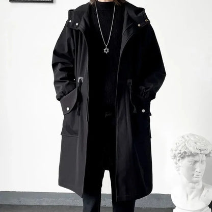 2025 Spring Autumn  Green Windbreaker Fashion Men Mid-length Casual Hooded Coat Men Daily High Street Overcoat Male Clothes