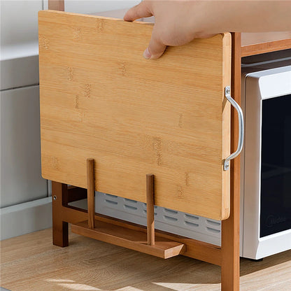Estante de almacenamiento para horno microondas de cocina, 1 capa de bambú, ajustable, organizador de encimeras, gancho para colgar, soporte para tabla de cortar