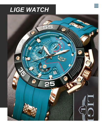Relojes LIGE para hombre, marca superior, lujo, esfera grande, silicona, militar, deportivo, impermeable, cuarzo, para hombre, Relogio Masculino.