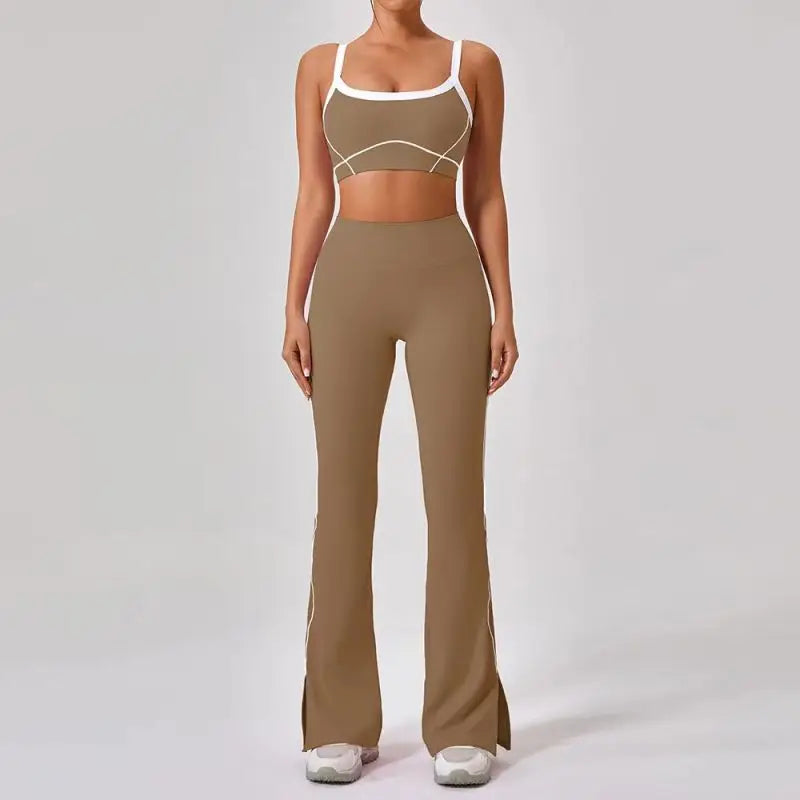 Conjunto deportivo de yoga de verano de 2 piezas con retazos y leggings de cintura alta con abertura para mujer, conjunto de entrenamiento de fitness, chándal deportivo para mujer