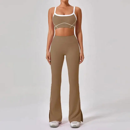 Conjunto deportivo de yoga de verano de 2 piezas con retazos y leggings de cintura alta con abertura para mujer, conjunto de entrenamiento de fitness, chándal deportivo para mujer