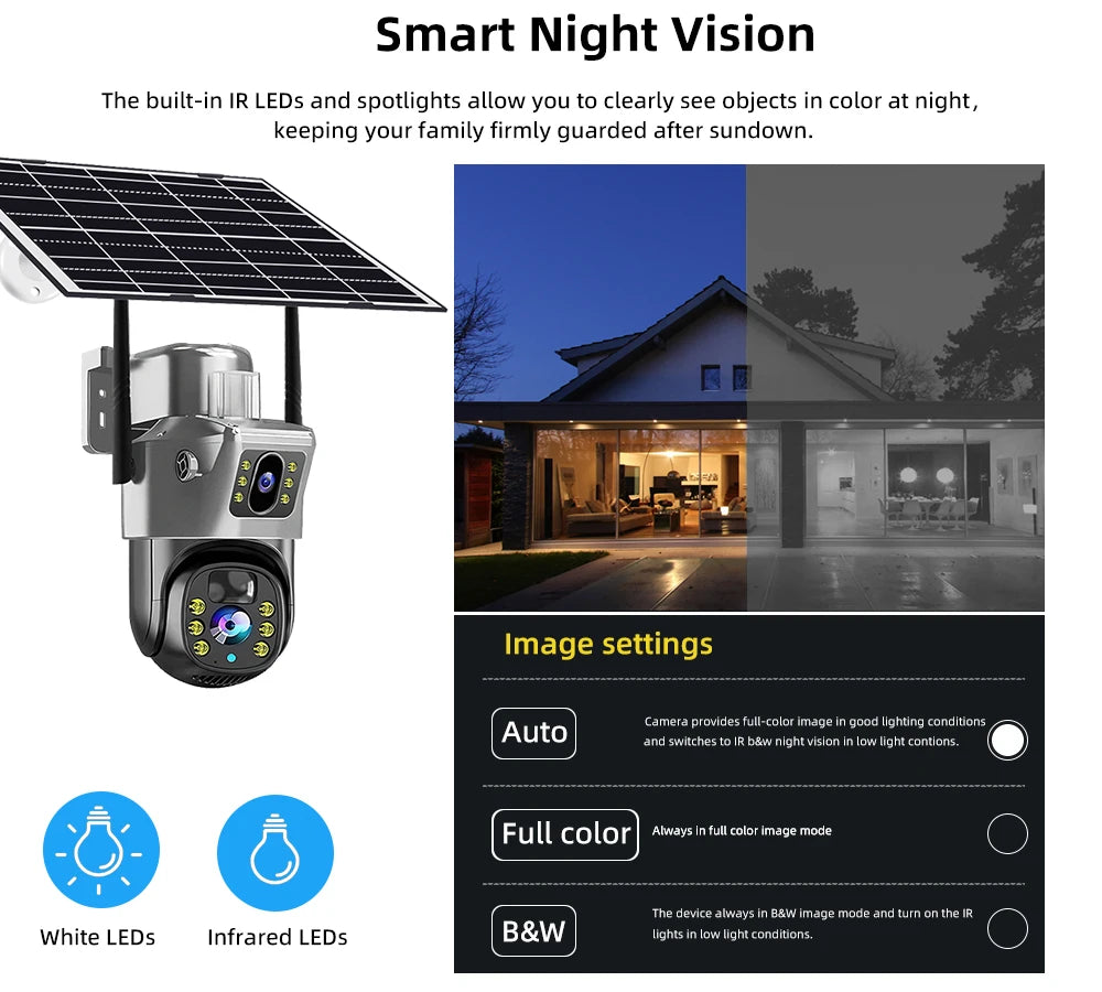 Cámara de seguridad CCTV V380 Pro 4K 8MP con 2 lentes, WiFi 4G, energía solar, visión nocturna PIR para exteriores, IP66, batería de bajo consumo.