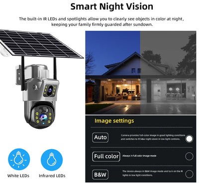 Cámara de seguridad CCTV V380 Pro 4K 8MP con 2 lentes, WiFi 4G, energía solar, visión nocturna PIR para exteriores, IP66, batería de bajo consumo.
