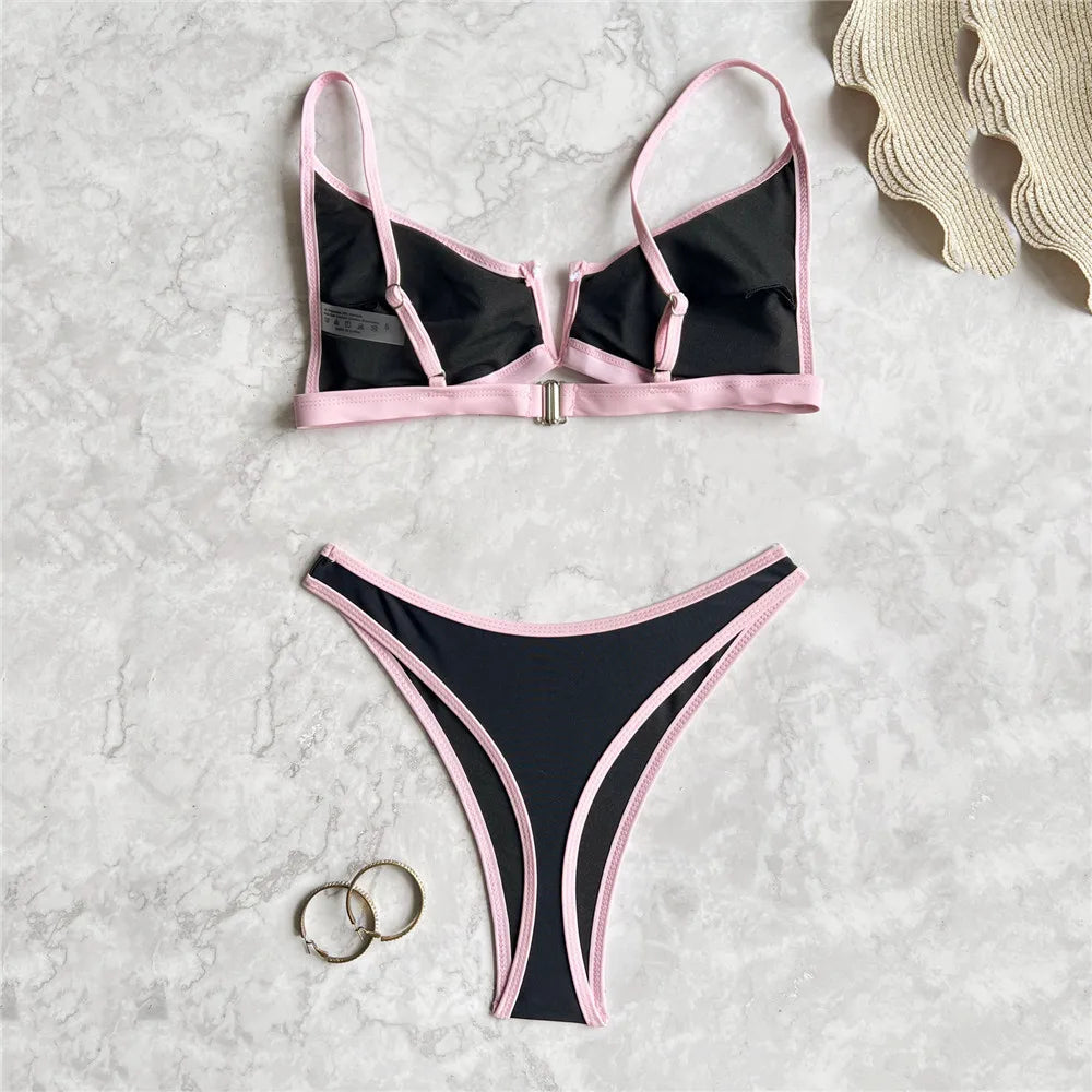 Conjuntos de bikini negros sexys con borde rosa, traje de baño con cuello en V para mujer 2025, microtanga de corte alto, bikinis de mujer