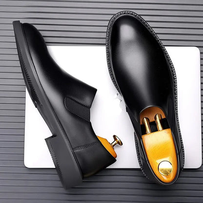 Zapatos de negocios de punta redonda para hombre, botas cortas, cómodos, de suela suave, altos, sin cordones, para primavera y otoño, de cuero, informales