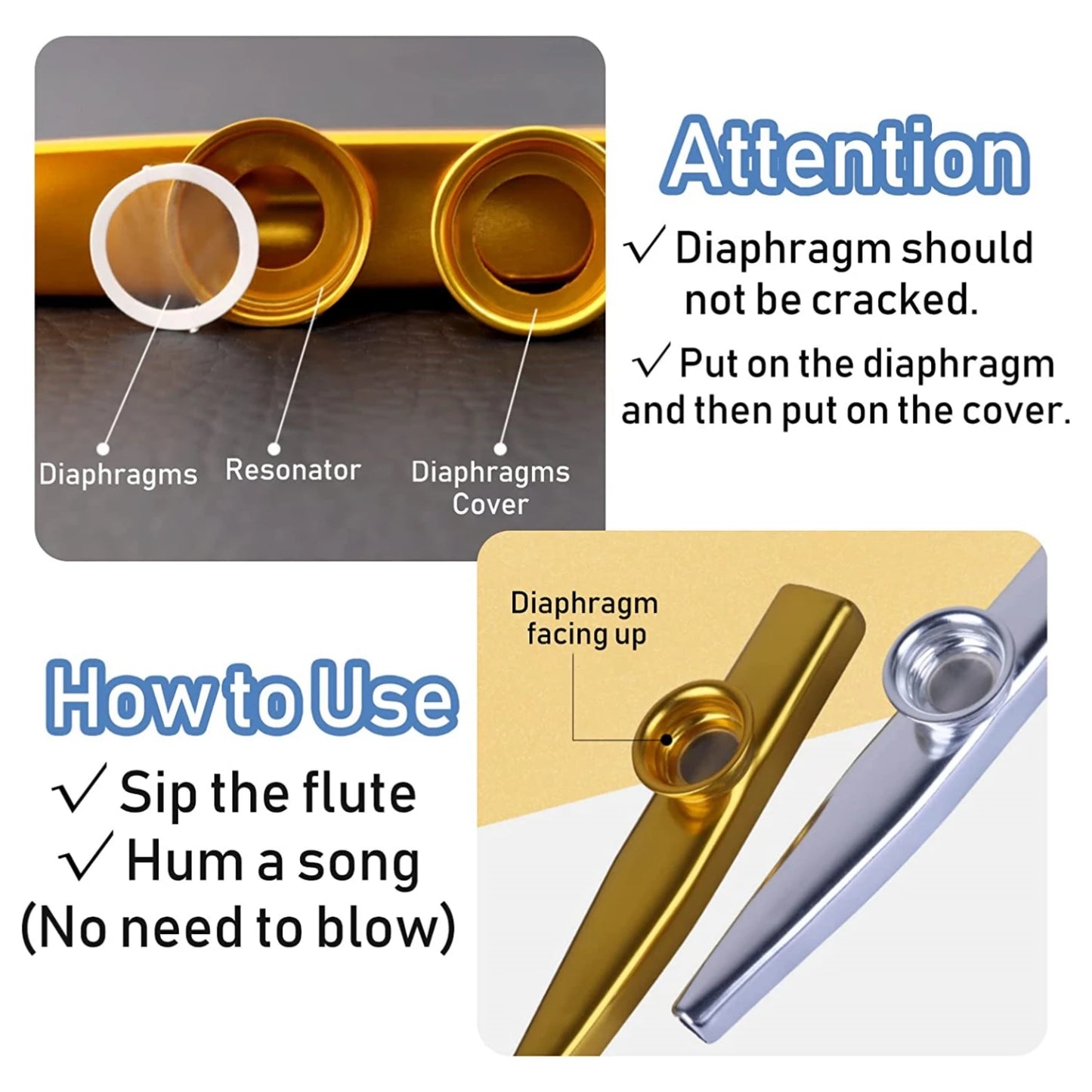 Kazoo metálico premium Miwayer | 5 diafragmas reemplazables y diseño portátil | Resonancia de calidad de estudio con elegante estuche de regalo