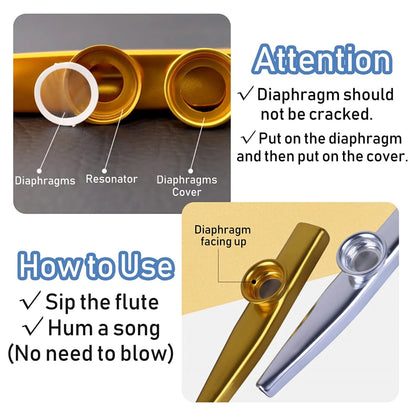 Kazoo metálico premium Miwayer | 5 diafragmas reemplazables y diseño portátil | Resonancia de calidad de estudio con elegante estuche de regalo