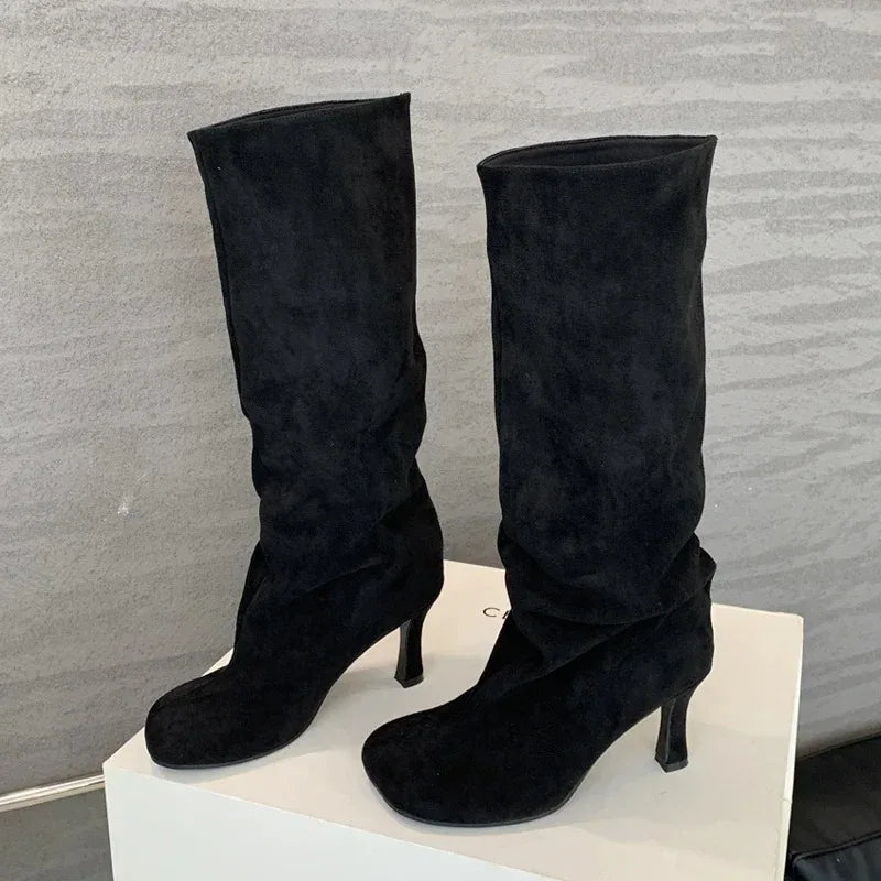Botas de lujo para mujer, botas de invierno con punta redonda y tacón alto hasta la rodilla, estilo punk, botines largos para mujer