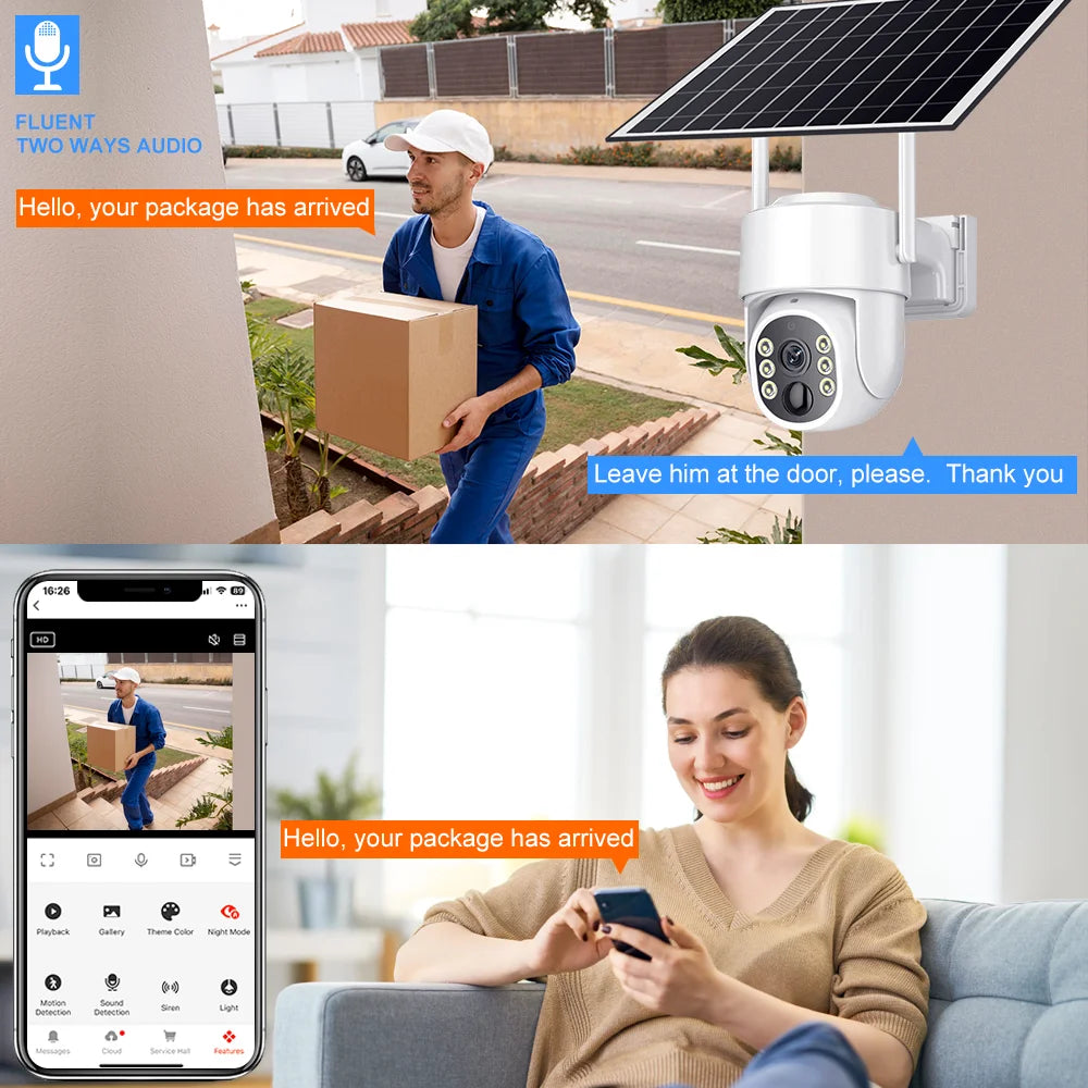 Cámara Tuya de 8 MP con energía solar, conexión wifi, detección humana PIR, visión nocturna, diseño resistente al agua, batería interna de seguridad para exteriores.