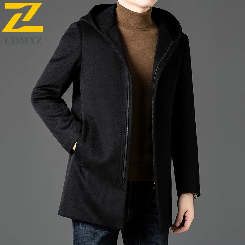 Abrigo largo de lana para hombre COMXZ, colección invierno 2025, gabardina de cachemir de diseño, chaqueta con capucha y forro de plumón de pato blanco, abrigo de lana de lujo