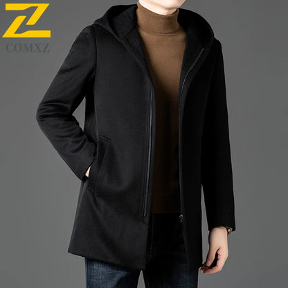 Abrigo largo de lana para hombre COMXZ, colección invierno 2025, gabardina de cachemir de diseño, chaqueta con capucha y forro de plumón de pato blanco, abrigo de lana de lujo