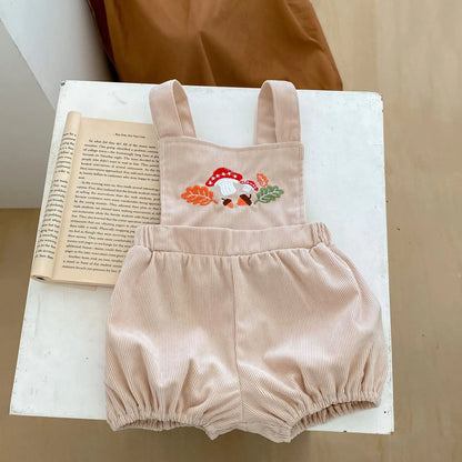 Nueva ropa infantil de otoño, niñas de 0 a 4 años, cárdigan con solapa bordada y pantalón con pechera, conjunto de 2 piezas