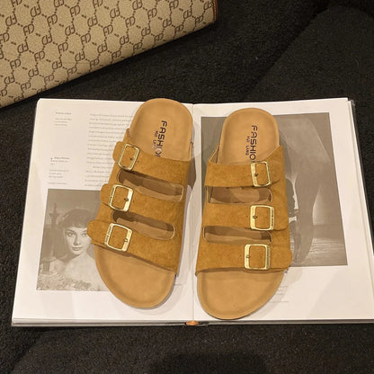 Zapatillas de verano para mujer, para uso en exteriores, de marca moderna, sandalias de playa, de madera suave, para conducir, para parejas, zuecos planos de una sola tira, para adultos, ocio S