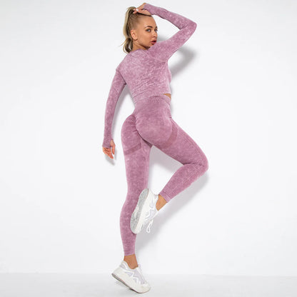 Conjunto de gimnasio con top corto sin costuras para mujer, conjunto de entrenamiento de yoga, ropa deportiva, leggings push up, chándal