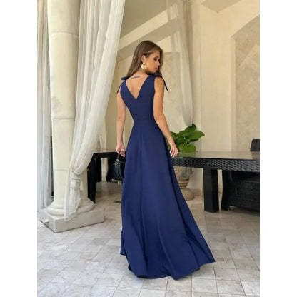 Vestido casual de mujer para primavera y verano, sin mangas, con tirantes, color liso, cuello en V, lazo en la cintura, abertura lateral, moderno vestido de fiesta.