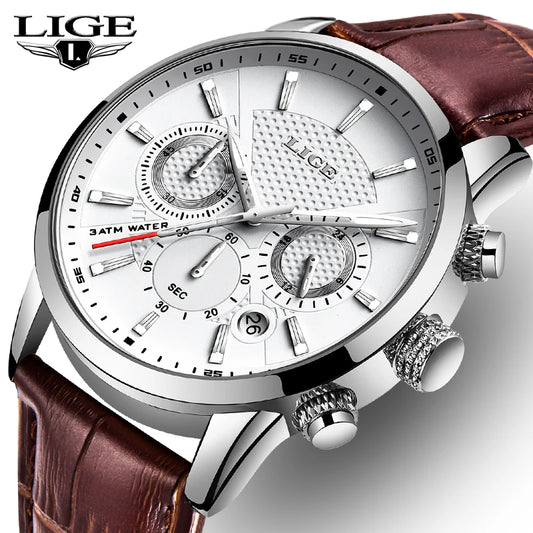 LIGE 2024 Reloj de lujo para hombre, reloj de cuarzo informal de negocios, reloj de pulsera de cuero a la moda para hombre, reloj impermeable para hombre