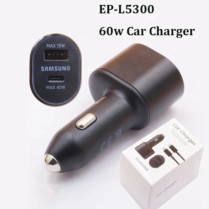 EP-L5300 Cargador de coche ultrarrápido para Samsung S25, S24, S23 Plus/Ultra Fast Charge de 60 W, 1A1C, doble USB, carga rápida adaptativa para Galaxy Z Fold/Flip 4, 5, 6 y 7