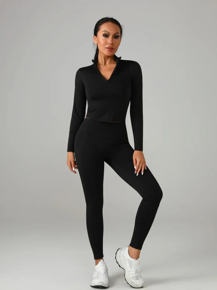 Conjunto deportivo de color liso para mujer: camiseta de manga larga y pantalón de yoga, chándal transpirable de secado rápido.
