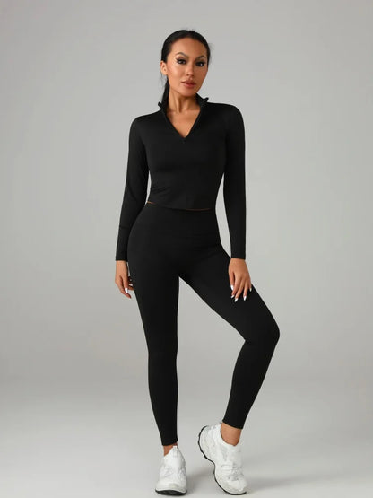 Conjunto deportivo de color liso para mujer: camiseta de manga larga y pantalón de yoga, chándal transpirable de secado rápido.