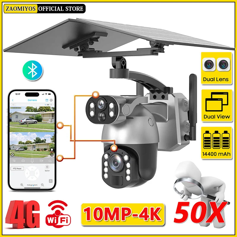 Cámara de seguridad exterior con zoom óptico de 10 MP y 50x, doble lente, SIM 4G, energía solar, Wi-Fi, PTZ, detección humana, grabación y visión nocturna. 10 MP, zoom óptico de 50x, doble lente, 4G, SIM, solar.