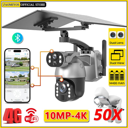 Cámara de seguridad exterior con zoom óptico de 10 MP y 50x, doble lente, SIM 4G, energía solar, Wi-Fi, PTZ, detección humana, grabación y visión nocturna. 10 MP, zoom óptico de 50x, doble lente, 4G, SIM, solar.