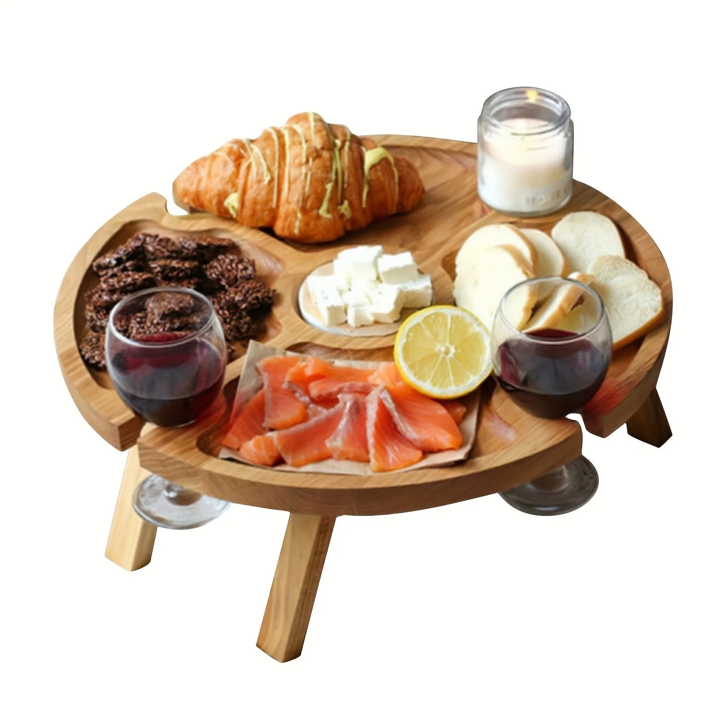Mesa de picnic plegable de madera para exteriores 2 en 1 con portavasos de vidrio, plato de fruta redondo portátil, escritorio plegable para playa y jardín.