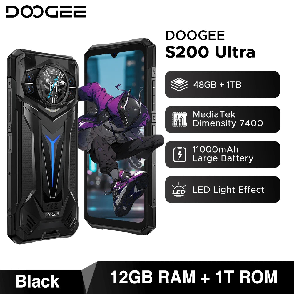 Teléfono resistente DOOGEE S200 Ultra 5G con IA, 48 GB + 1 TB, pantalla trasera de 1,34" con efecto de luz, procesador Dimensity 7400, batería de 11000 mAh, carga rápida de 66 W, NFC, WiFi 6E.