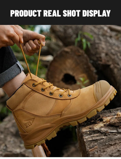 Botas de seguridad de lujo de caña alta en piel de vacuno para hombre, con puntera de acero, protección antiimpactos y antipinchazos, resistentes al desgaste.