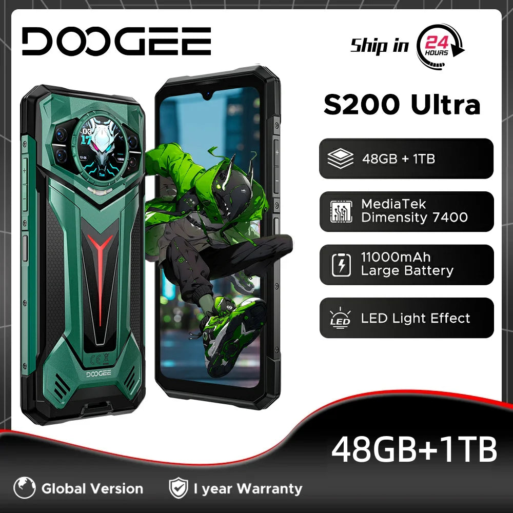 Teléfono resistente DOOGEE S200 Ultra 5G con IA, 48 GB + 1 TB, pantalla trasera de 1,34" con efecto de luz, procesador Dimensity 7400, batería de 11000 mAh, carga rápida de 66 W, NFC, WiFi 6E.