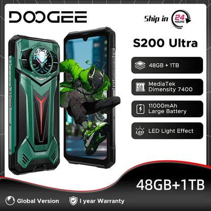 Teléfono resistente DOOGEE S200 Ultra 5G con IA, 48 GB + 1 TB, pantalla trasera de 1,34" con efecto de luz, procesador Dimensity 7400, batería de 11000 mAh, carga rápida de 66 W, NFC, WiFi 6E.